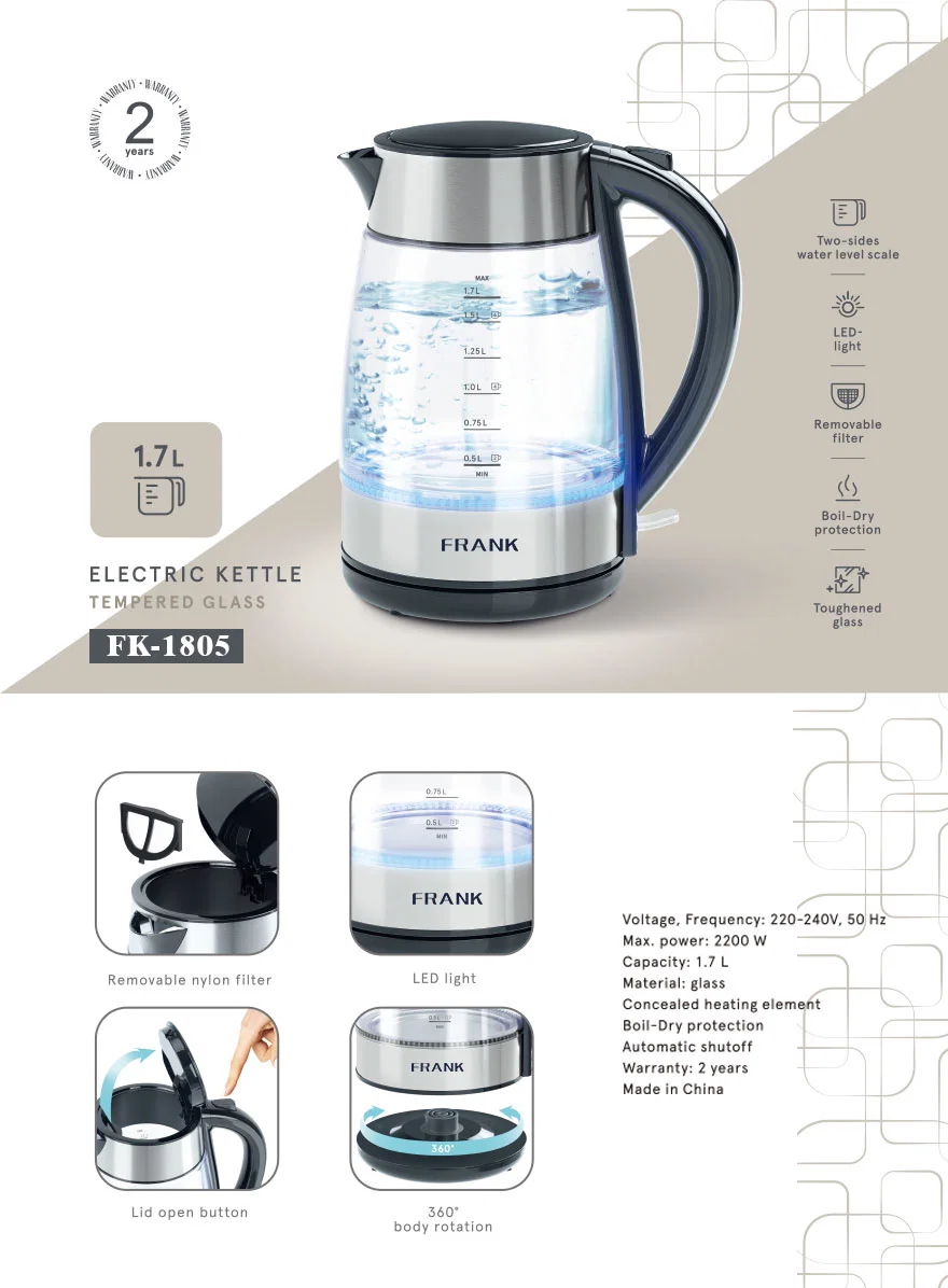 Automatic Power off Multifunctional Health Pot 1.8L Glass Electric Kettle with LED Lamp Inside