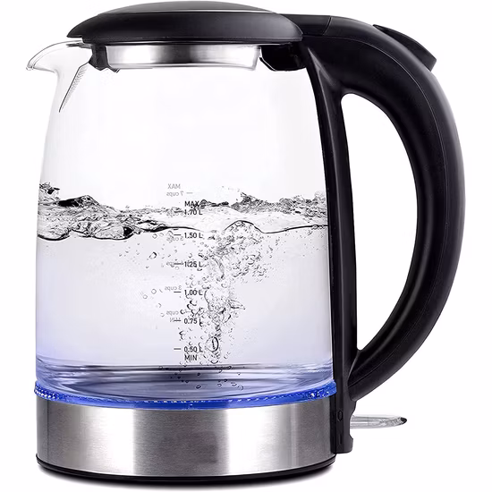 Chaleira elétrica de vidro de vendas quentes com aquecedor de água com faixa de luz azul